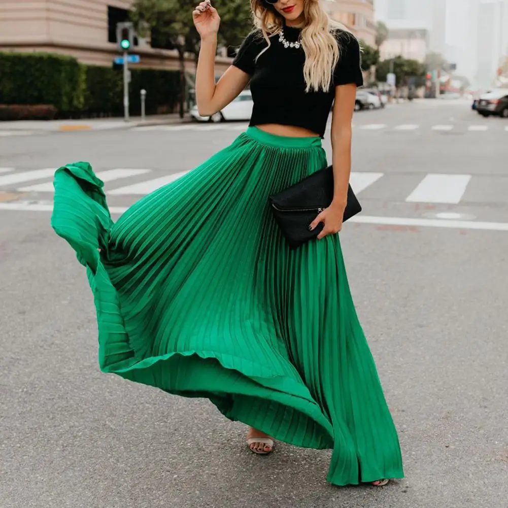 Elegant Elastic High Waist Pleated Skirt Women Solid Color Large Hem A-Line Long Skirt Work Fashion Female Skirt Summer