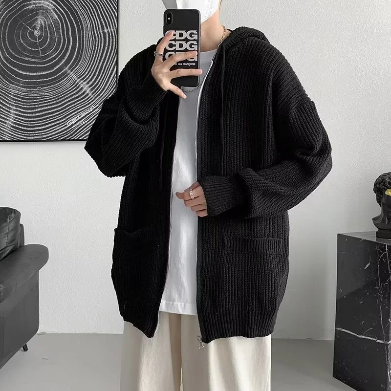 2023 Solid Color Hoodies Cardigan Jackets For Men Autumn Y2K Vintage Streetwear Knitted Sweater Korean Fashion Knitwears Coat