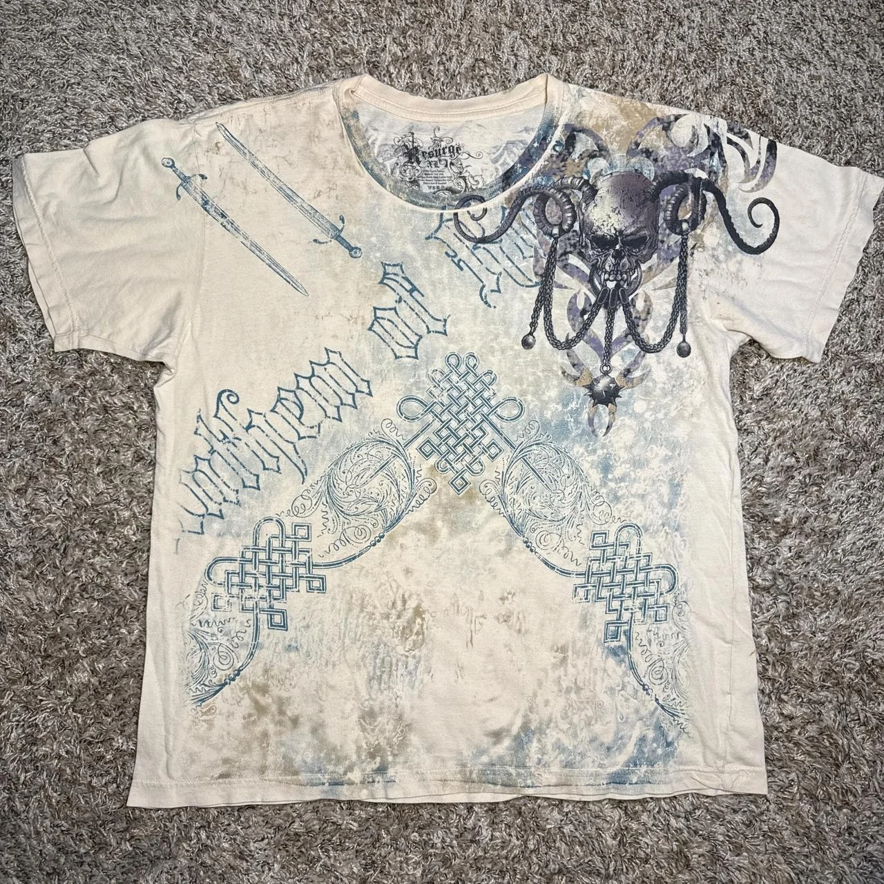 

RESURGE Y2K Cyberpunk Affliction Shirt Tan Gothic Skull Chains Sword Tee Acid Wash Retro Futurism Dark Academia Oversized shirt