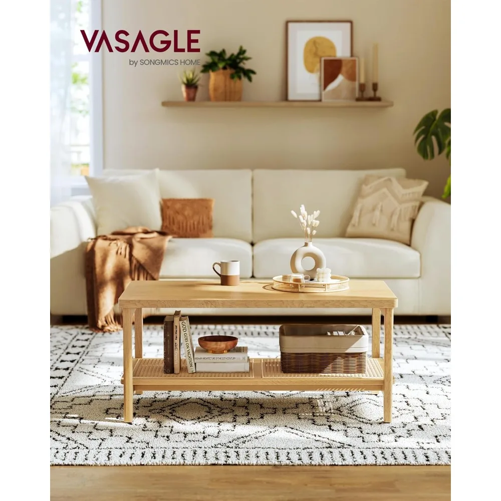 2-Tier Coffee Table for Living Room, Living Room Table Rectangular Center Table, with PVC Rattan Storage Shelf, Rounded Corners