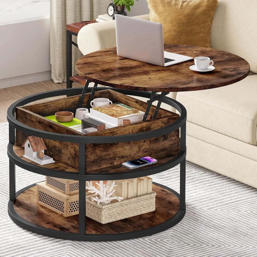 

Round Lift Top Coffee Tables for Living Room, Circle Coffee Table with Storage & Hidden Compartment, Farmhouse Wood Coffee Tabl