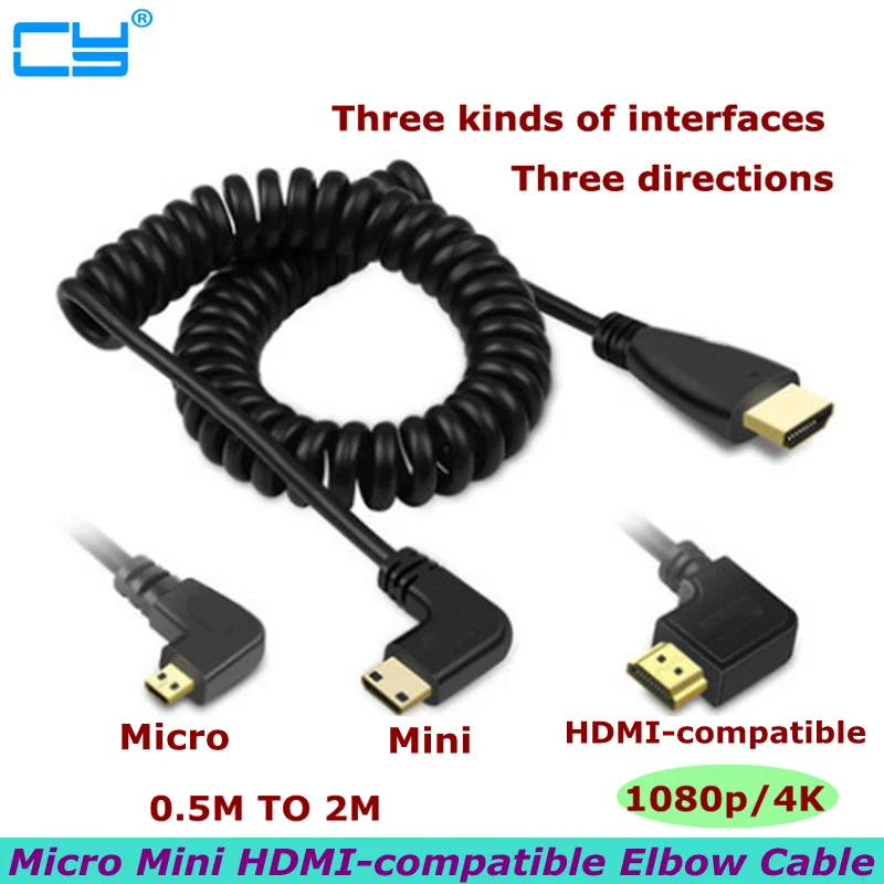 2m HDMI-compatible to Right & Left Angle Mini HDMI & HDMI & Micro HDMI male to Male Stretch Spring Curl Flexible Cable V1.4 DSLR