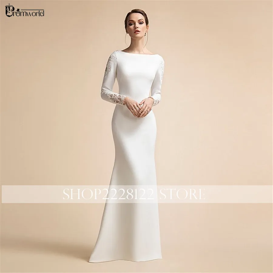 Elegant Vestidos De Novia 2024 Simple Muslim Wedding Dress for Bride Mermaid Satin Lace Long Sleeves Ivory Bridal Gowns