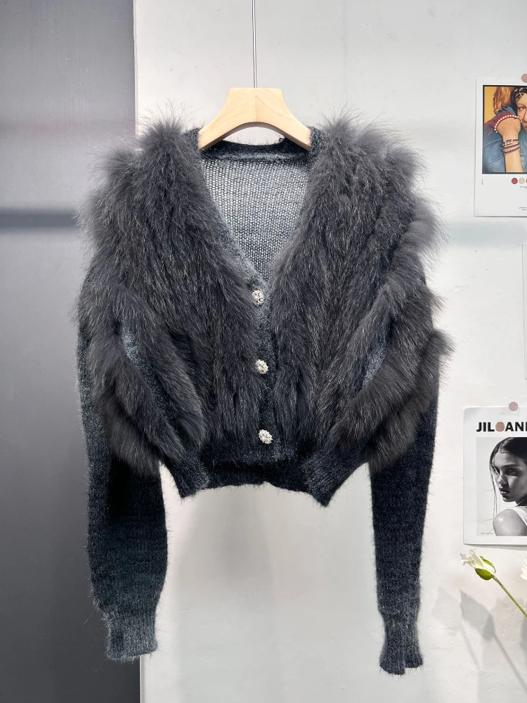 Winter Jacket Women Natural Real Fox Fur Natural Thick Warm Navy Collar Fur Strip Sewed Toghter Sweater New Fashion