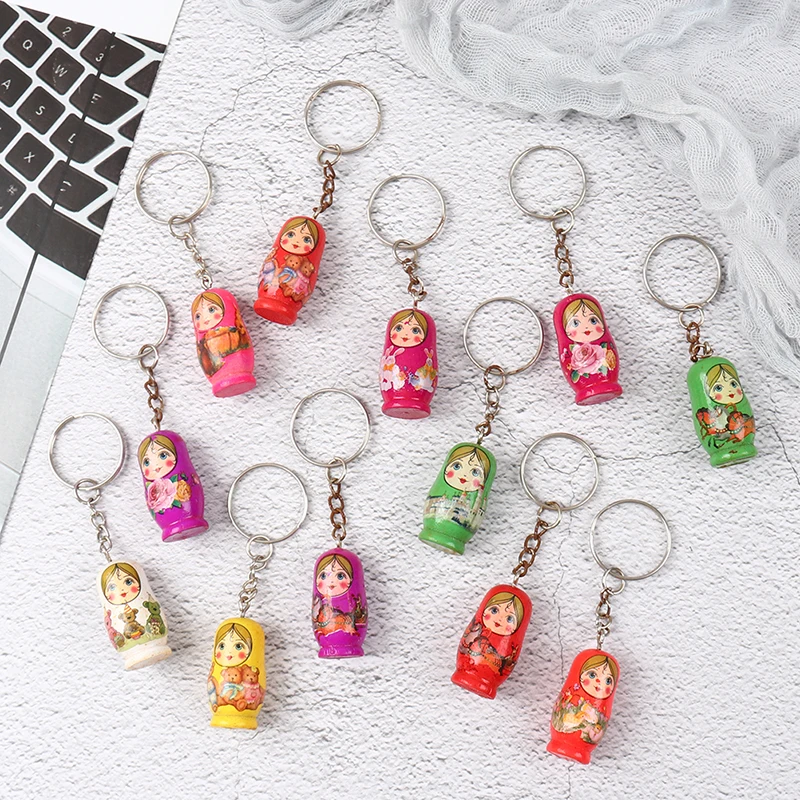 12pcs Matryoshka Russian Dolls Key Rings Drip Wood Keychains Decor Christmas Gift