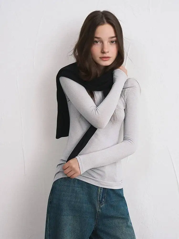 Camiseta ajustada de Cachemira Modal para mujer, Tops suaves de Color sólido para otoño e invierno, parte inferior respetuosa con la piel