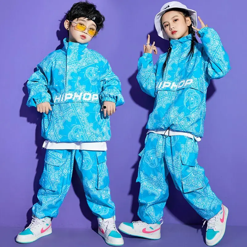 Boy Hip Hop Sweatshirt Joggers Clothes Sets Girls High Collar Paisley Top Cargo Pants Child Street Dance Kids Streetwear Costume