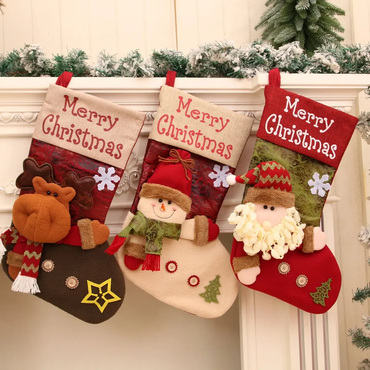 

New linen button three-dimensional oversized Christmas socks Christmas decorations Santa Claus socks gift bag