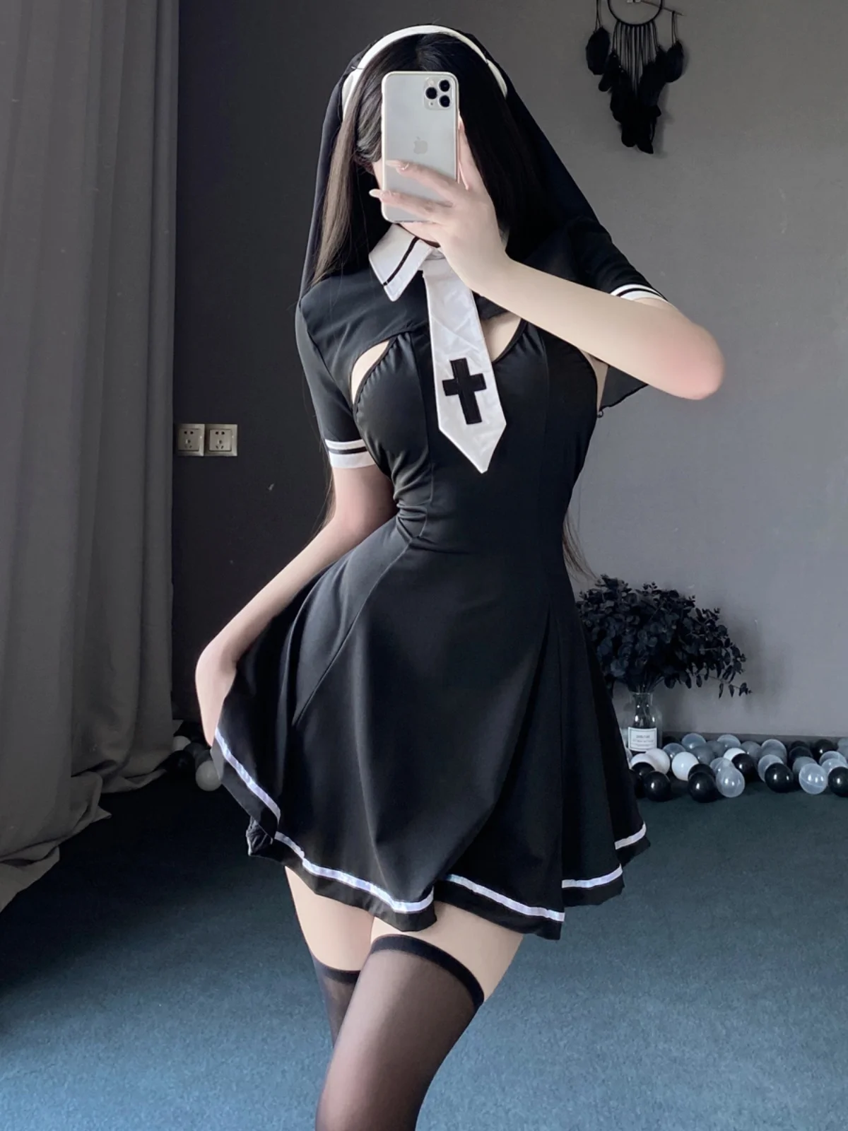 Internet Celebri Sexy Gyaru Lapel Hollow out Big Chest Role-Plang Nun Uniform Waist Hugging A Word Suspender Skirt Set