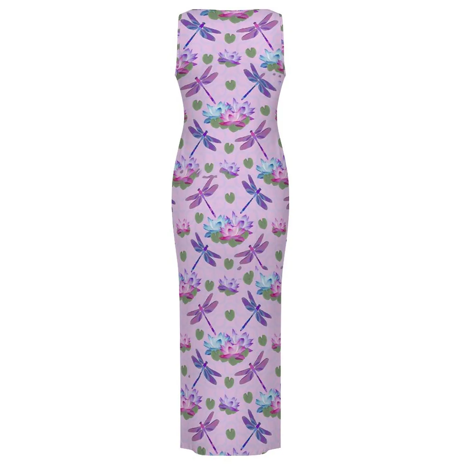 Libélula impressão vestido sem mangas flor de lótus retro maxi vestidos primavera streetwear impresso bodycon vestido tamanho grande 3xl 4xl