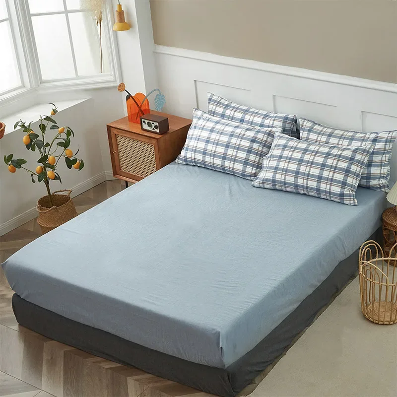 Small wholesale washed cotton pure cotton mattress cotton bedspread solid color plaid mattress sheath three-piece set unprinted