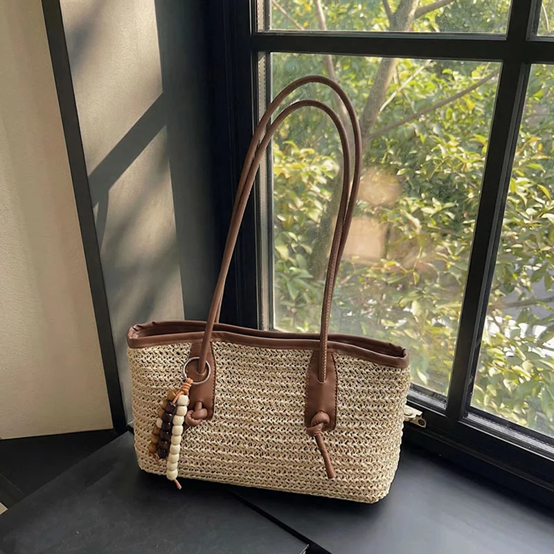 

French Bead Pendant Straw Tote Bag Rectangular Zipper Large Capacity Shoulder Bag Solid Color Simple Elegant Commuting Tote Bag