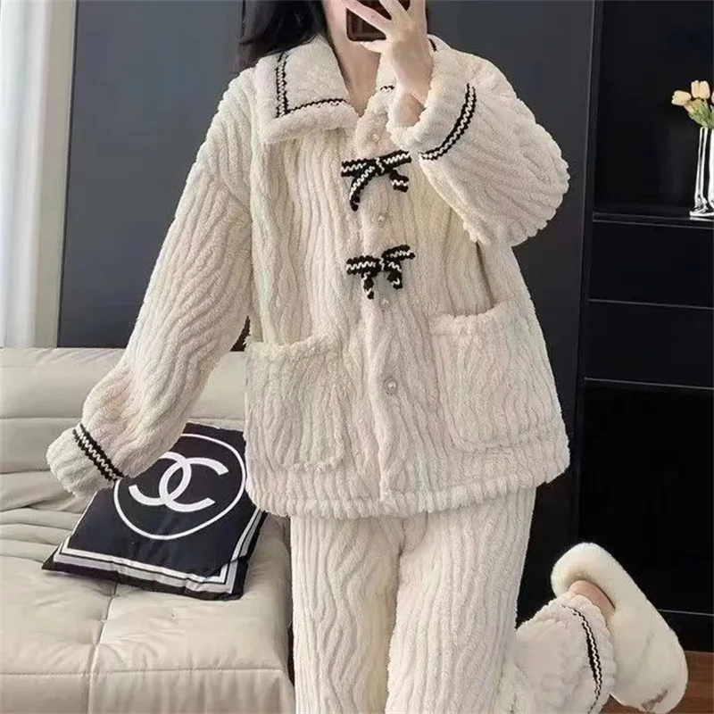 Women\'s Pajama Set 2024 Winter New Pajama Female Internet Celebrity Simple Loose Dormitory Coral Velvet Home Clothes Set Pajama