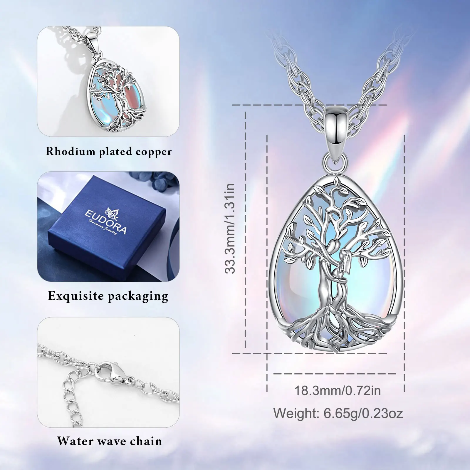 Eudora Tree of Life Couple Hug Necklace Moonstone Healing Stone Crystal Pendant Spiritual Jewelry Gift for Women Men