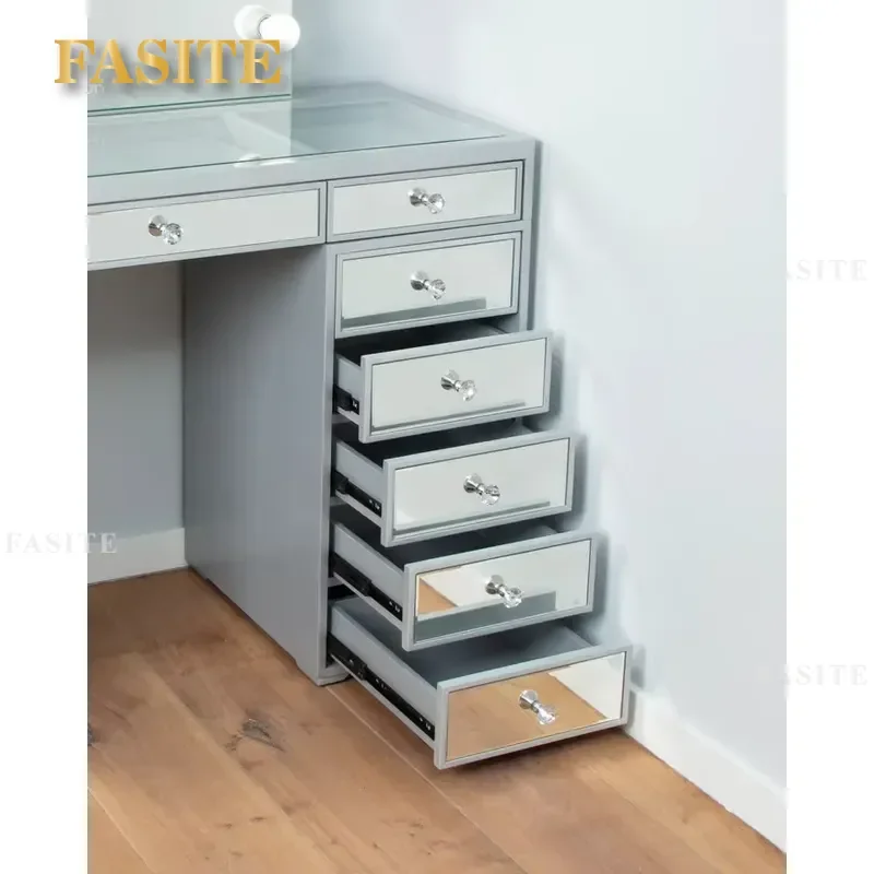 Beautiful Big Silver Mirrored Glass Dressing Vanity Table with LED and 12 Lights Make up Table with Mirror for Bedroom Decor