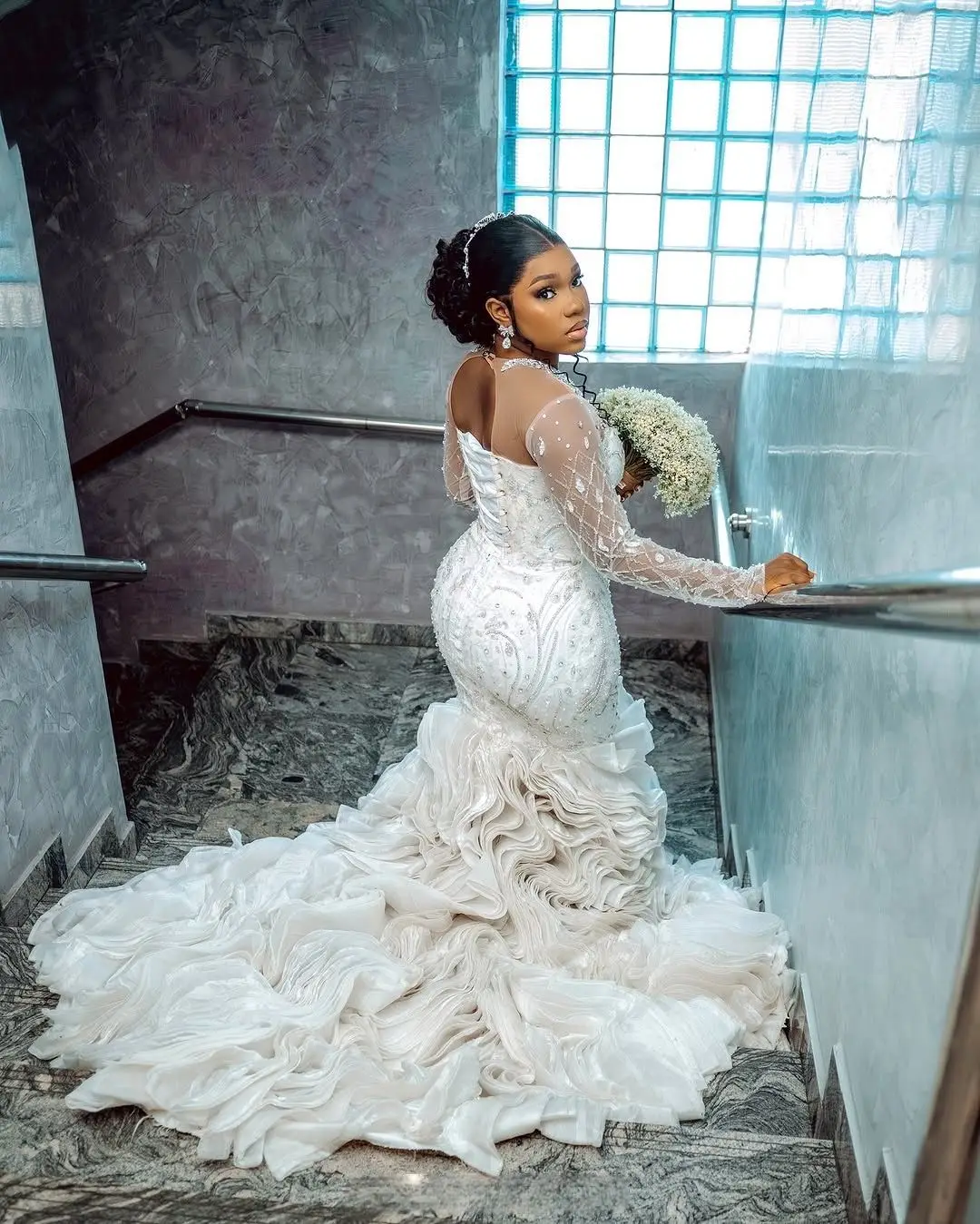 تخصيص العربية حجم كبير بلورات العاج مطرز الدانتيل طبقات الأورجانزا فساتين الزفاف فستان العروس فساتين الزفاف #5