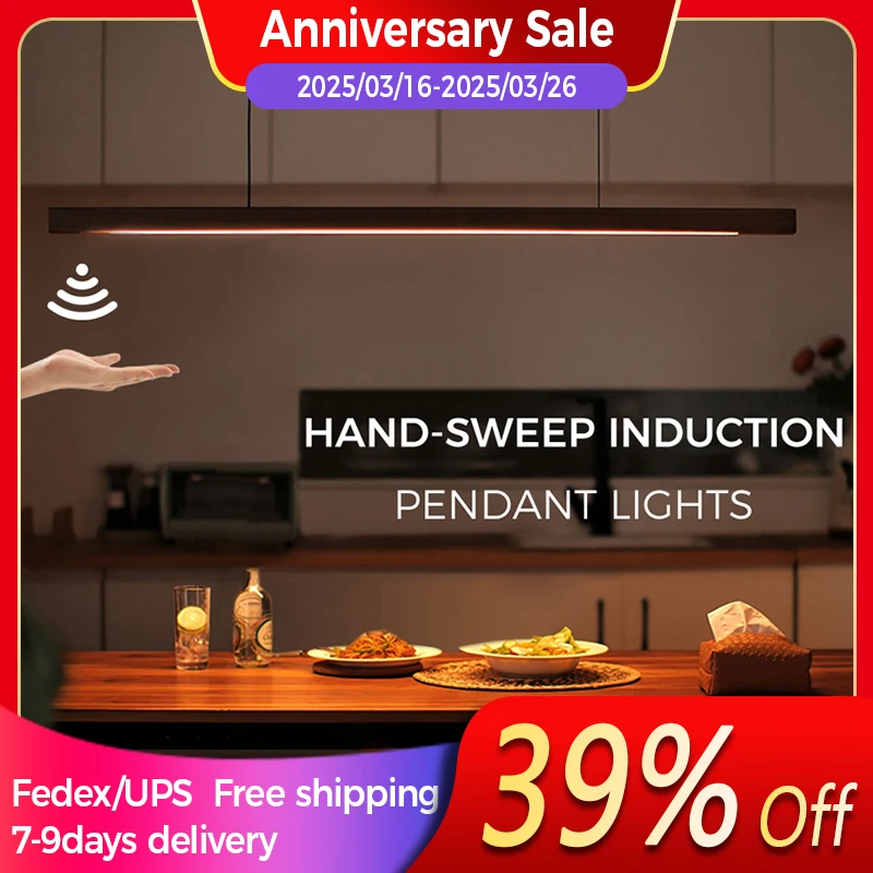 LED Hand Sweep Sensor Pendant Light Black Walnut Wood Modern Hanging Lamps for Dining Living Room Kitchen Office Celling Lamp