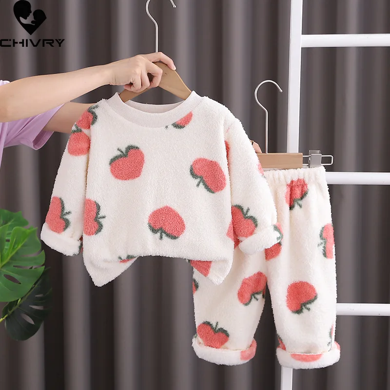 New Autumn Winter Kids Thicken Warm Flannel Pajamas Baby Boys Girls Cartoon Strawberry O-neck Clothing Sets Sleepwear Pyjamas