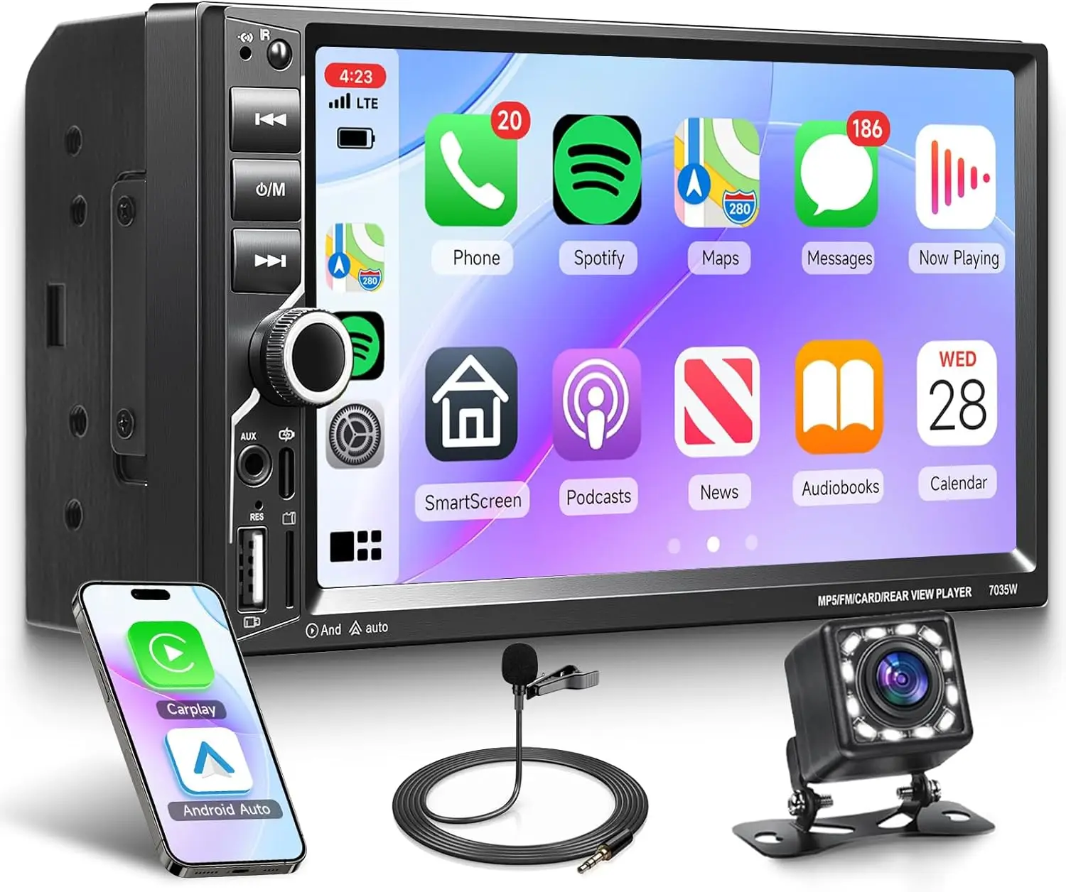 

7' Double DIN Car Stereo with Wireless CarPlay, Android Auto, Bluetooth, MirrorLink, FM, USB Fast Charging & Backup Camera Suppo