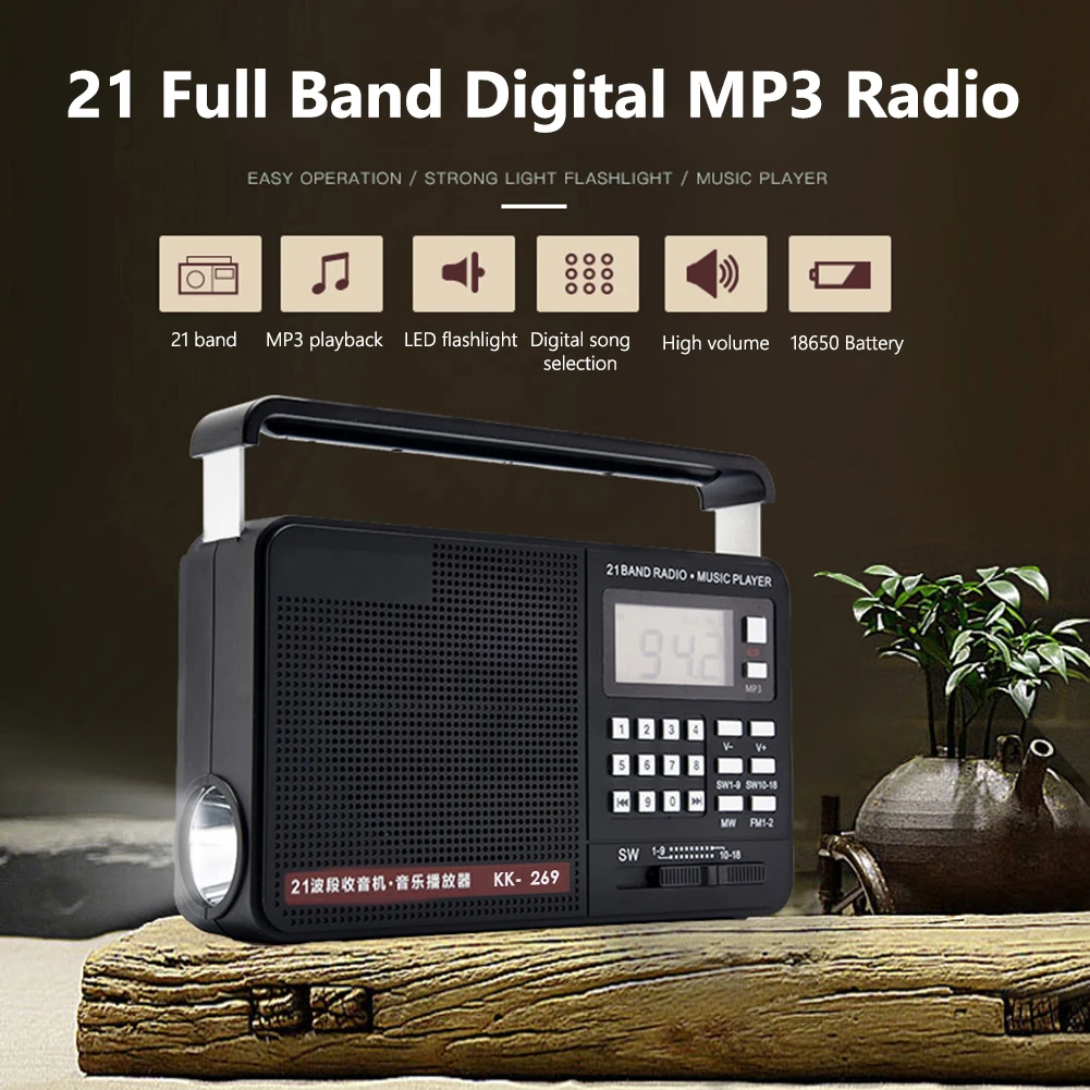 

AM FM SW Elder MP3 Radio Digital Display 21 Full Band Radio Receiver Speaker LED Strong Flashlight USB Charging Support TF Card