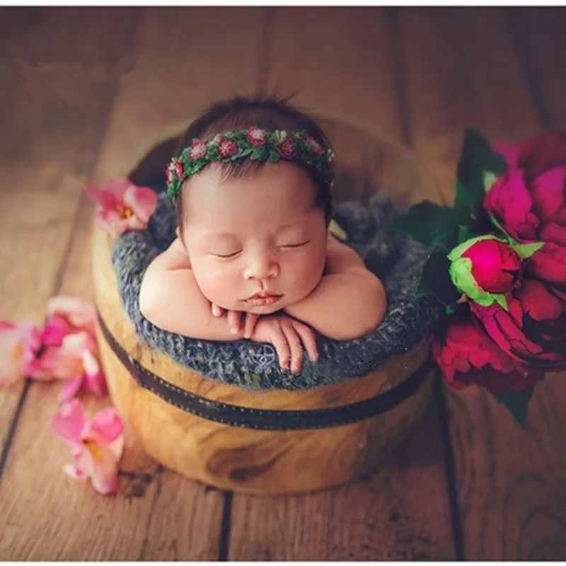 Newborn Basket Bucket Photography Props, Baby Handmade Smoked Wooden Crib Bed Photography Props