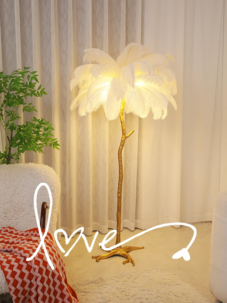 Feather floor lamp, living room sofa, bedroom bedside standing table lamp, Internet celebrity anchor, ostrich feather atmosphere