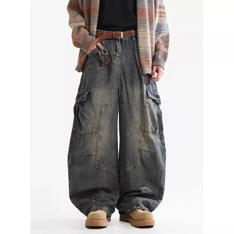 2026 New Retro Multi Pocket Wide Leg Cargo Jeans Japan Korean Fashion Men's High Street Baggy Casual Denim Pants Y2k Streetwear