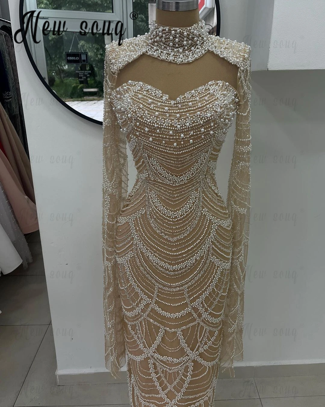 Dubai Nude Champagne High Neck Evening Dresses Long Cape Sleeves Mermaid Celebrity Prom Gowns Customize Wedding Night Party 