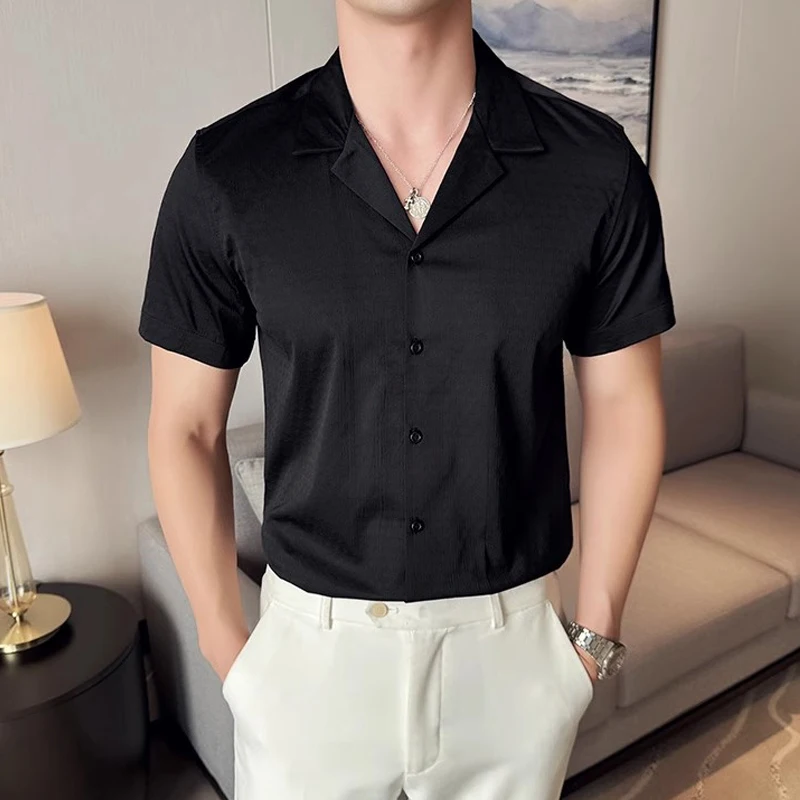 

Plus Size 4XL Suit V-Neck Men Dress Shirts Summer Button Down Short Sleeve Men's Social Shirt Business Casual Slim Blouses Men