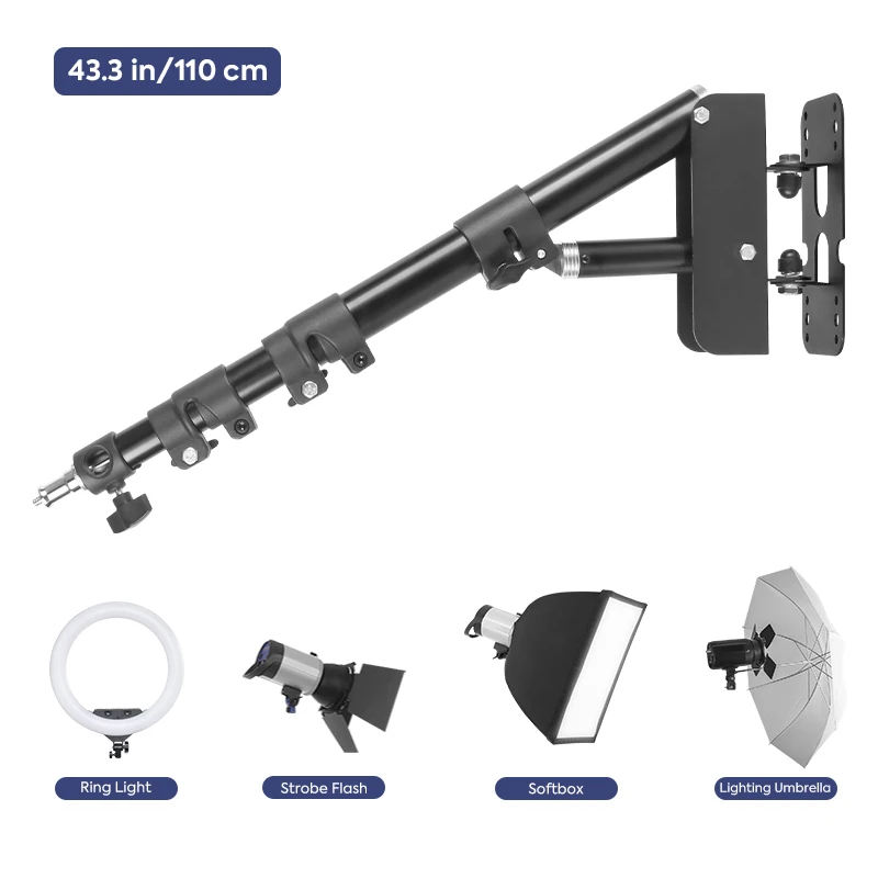 

Ring Light Stand Support Wall-Mounted 110cm: Space-Saving, 180-Degree Flexible Rotating Triangular Arm For Photography Studio