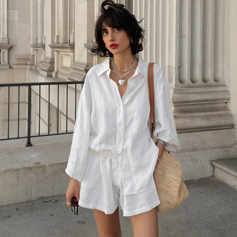 

Tuularose White Shorts 2-Piece Set Women Fashion Solid Shirt Top Casual Shorts Set Commuter Vacation Streetwear Women Shorts Set