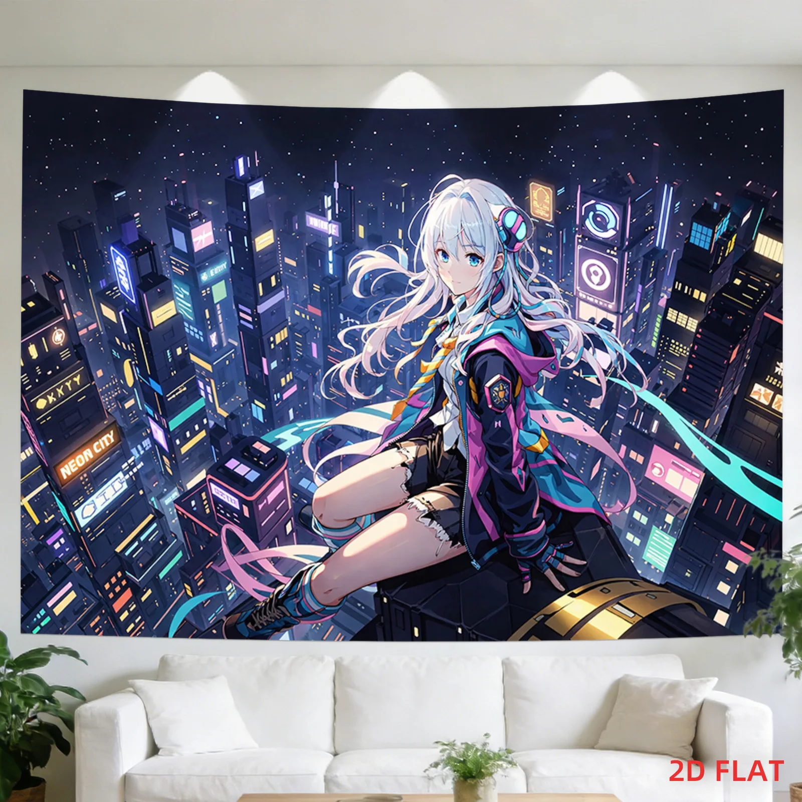Cyberpunk Girl Tapestry, Anime Cityscape Wall Hanging, Futuristic Neon Art Dorm Decor, Sci-Fi Gamer Bedroom Blanket