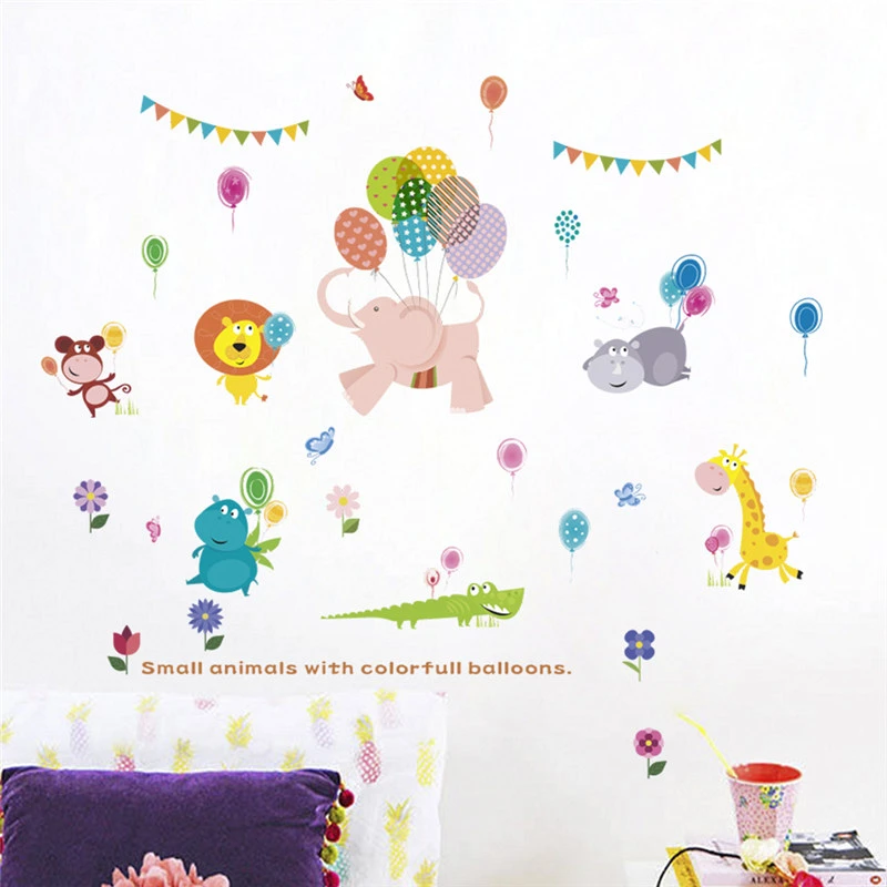 Cute Animal Playing Balloon Wall Stickers For Kindergarten Kids Room Home Decoration Diy Cartoon Mural Art Pvc Wall Decal