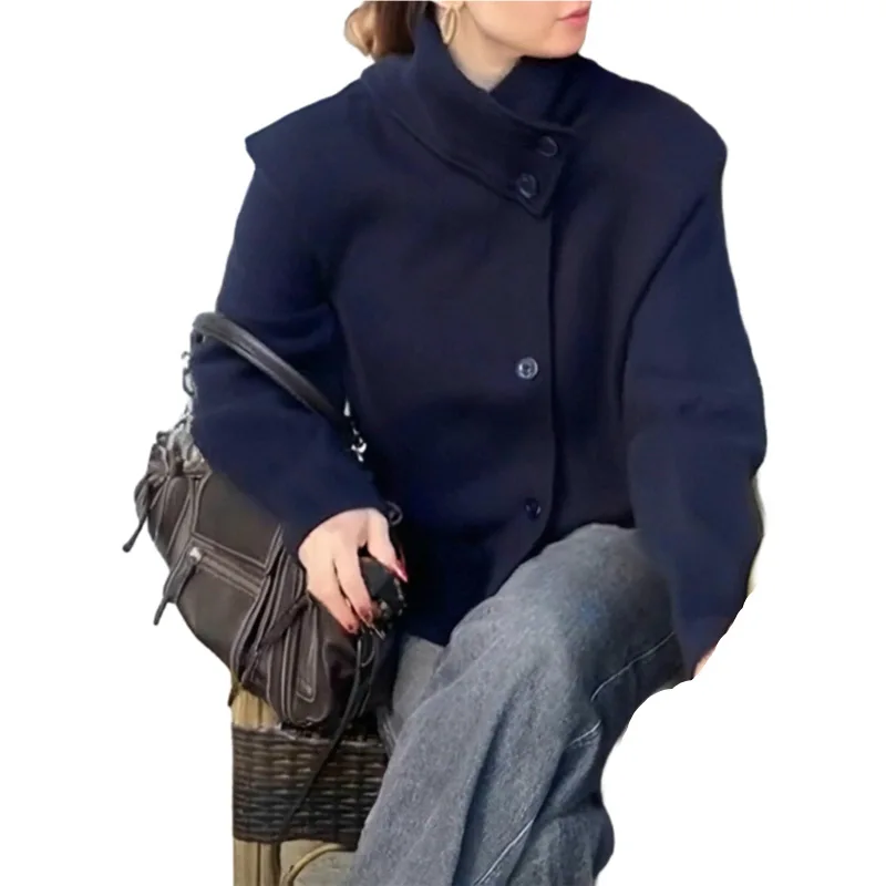 سترة نسائية لخريف وشتاء 2025 أنيقة بياقة واقفة واحدة الصدر معطف فضفاض بأزرار معطف نسائي صوف متين ملابس خارجية #5