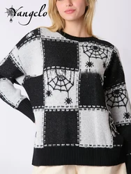 Yangelo 2024 Halloween Spider Web Plaid sweter z wycięciem pod szyją damski Y2K jesienno-zimowy nowy ciepły sweter z dzianiny