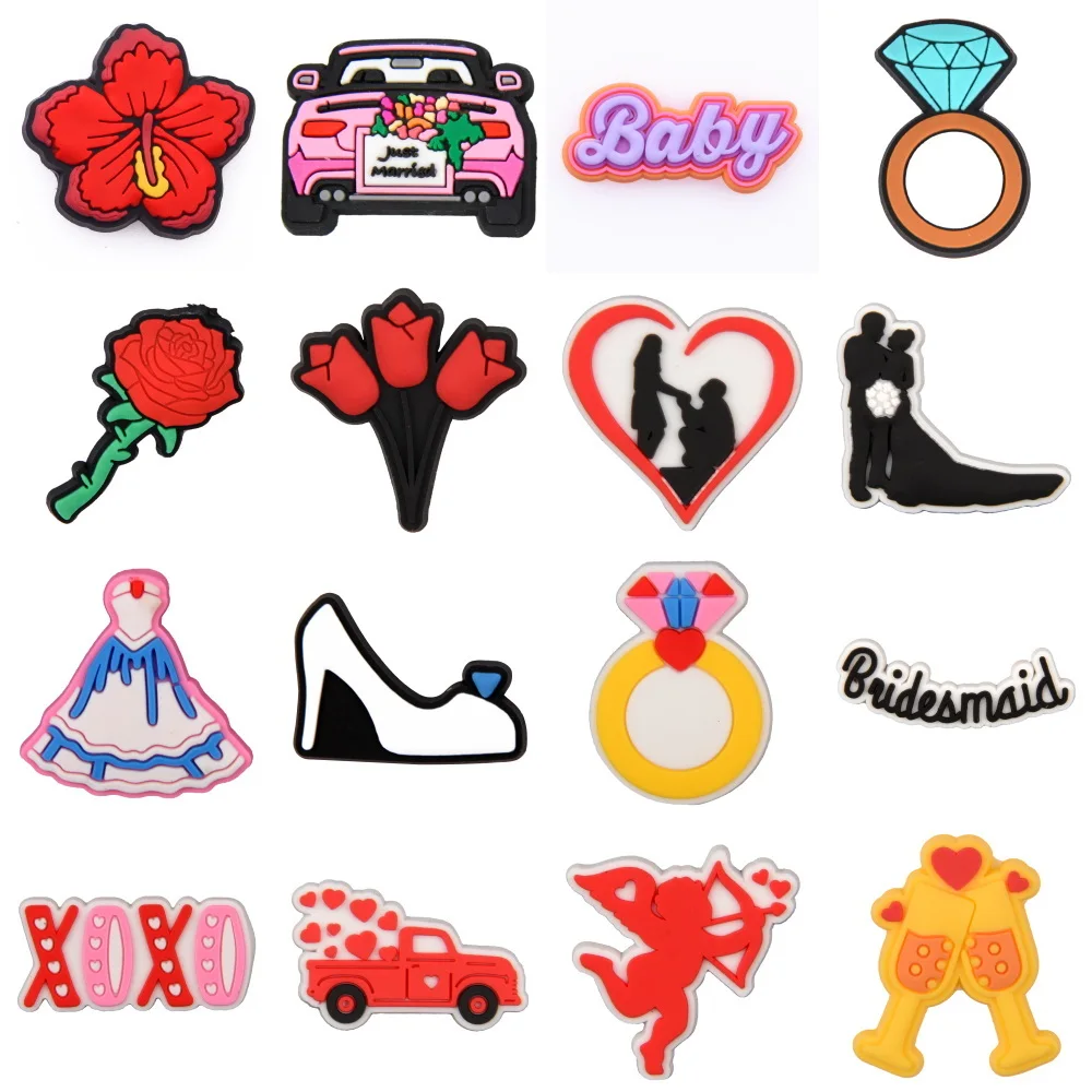 

16pcs Valentine's Day Wedding Ring Shoe Decoration Red Rose Pink Car Shoe Charms Cute Cupid Clog Charm Girlfriend Boyfriend Gift