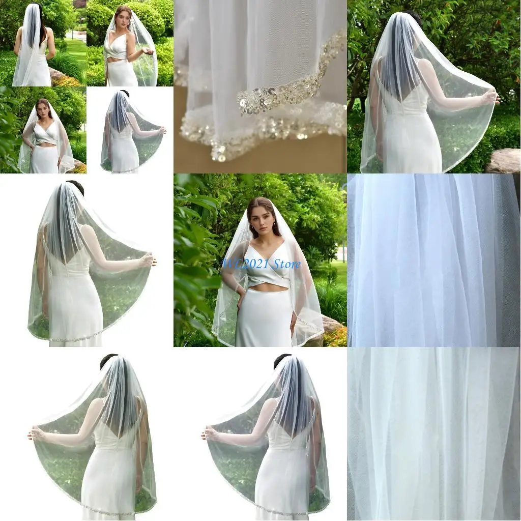 G5GC غطاء رأس الزفاف اللامع حجاب قصير مريح من التول لحدث الزفاف