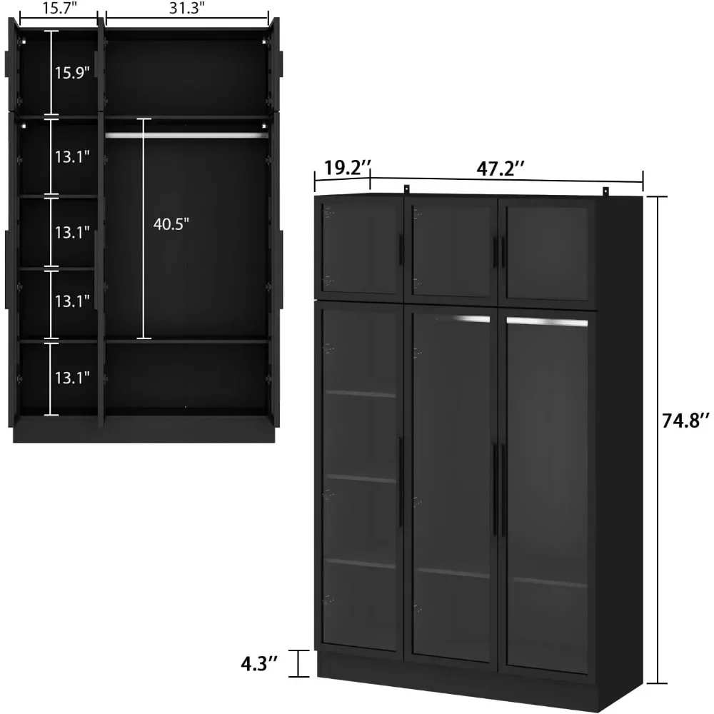 Wardrobes with LED Lights, 5-Tier Shelves and 6 Glass Doors, 47.2