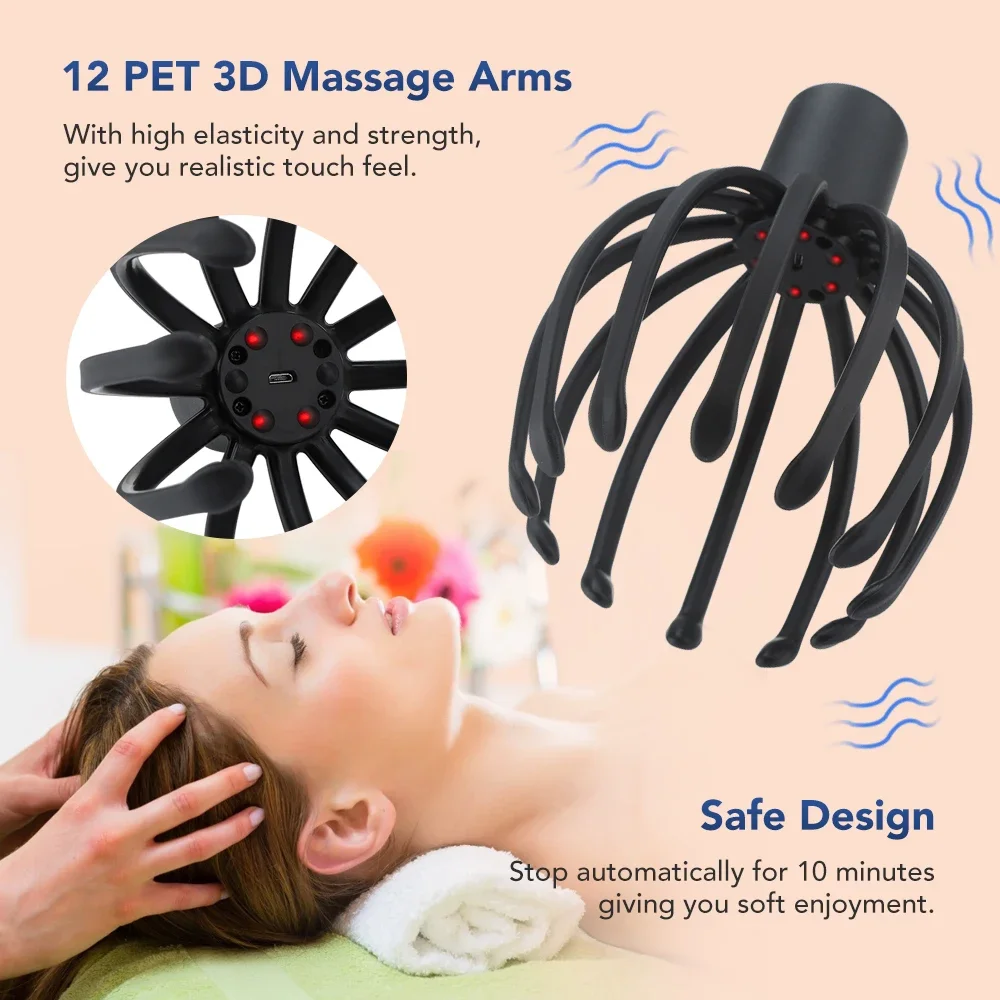 Electric Octopus Claw Scalp Massager Hands Free Therapeutic Head Scratcher Relief Hair Stimulation Rechargable Stress Relief