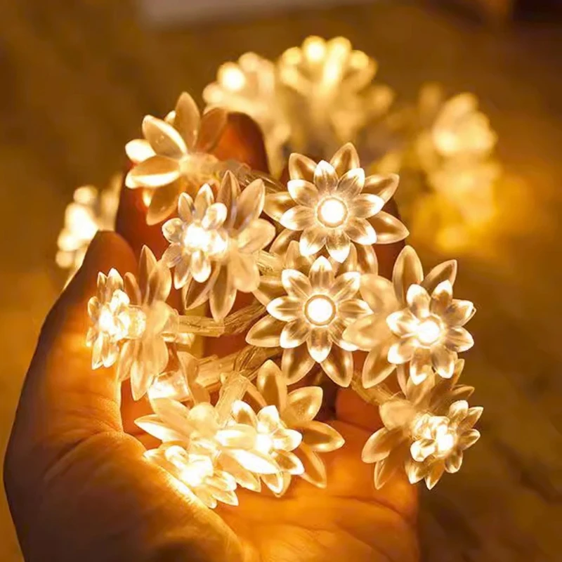 Battery Powered LED Lotus Flower String Lights, Outdoor Garland Decorative Lamp for Garden Furniture Terrace Street Decoration