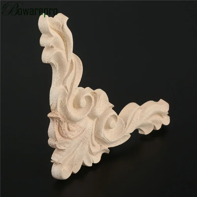 bowarepro 13CM Vintage Unpainted Wooden Carved Decal Corner Onlay Applique Frame for Furniture Cabinet Decor Crafts Decorative