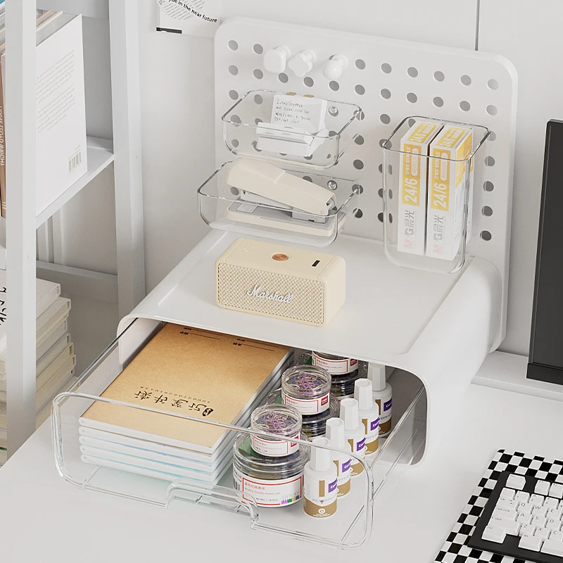 Multi-Purpose Pegboard Storage Box, Desk Drawer Storage Rack with Drawers and Pegboard, Stationery Organizer, Office Desk Storage Rack, DIY Accessories Available, Desk Organizer, Pegboard, Suitable for Stationery, Office, Home, Bedroom, Bathroom, Countertop