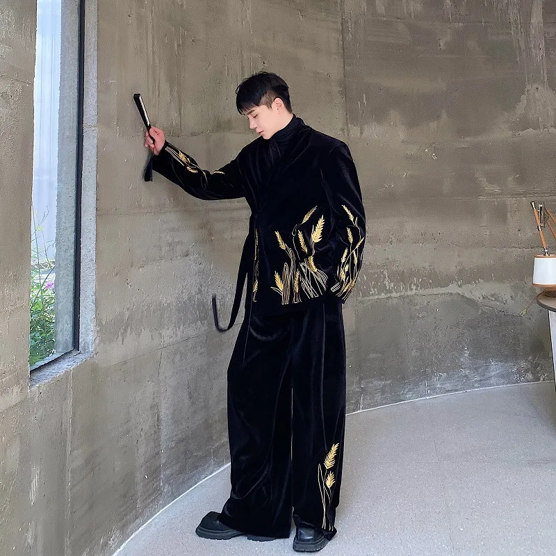 WTHT แฟชั่นผู้ชายชุด Heavy Industy เย็บปักถักร้อยไหล่ Blazer เสื้อเอวสูงตรงกางเกงขากว้างชุดชาย 2A0453