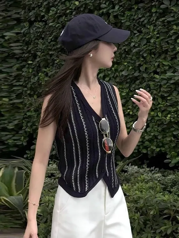 

Облегающий вязаный жилет, женский летний винтажный топ без рукавов, верхняя одежда из смеси хлопка, полиэстер, застежка на одной пуговице