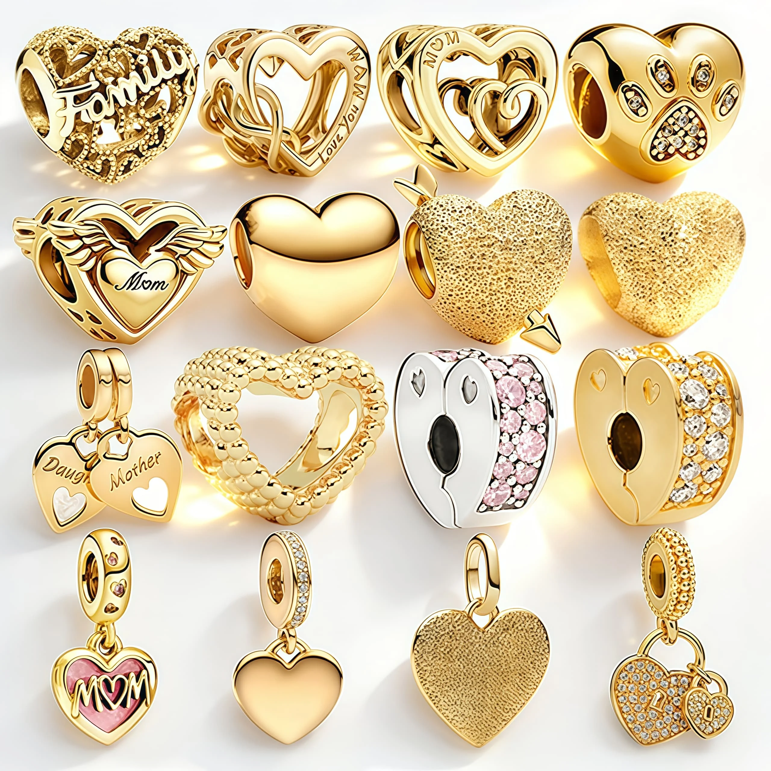 

New DIY Gold Sparkling Heart-shaped Series Charm Bead Pendant Clips For Original Snake Bone Sterling Silver Bracelet JewelryGift