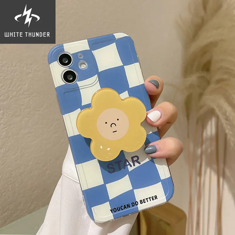 Blue Checkerboard Flower Tomatoes Croissant Finger Bracket Phone Case For iphone 11 12 13 Mini Pro Max XS XR SE 8 7 Plus Cover