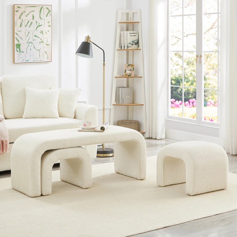 

Set of 3 U-Shaped Modern Teddy Ottoman Bench for Entryway/Bedroom/Living Room, 44+18 Inch, Cream