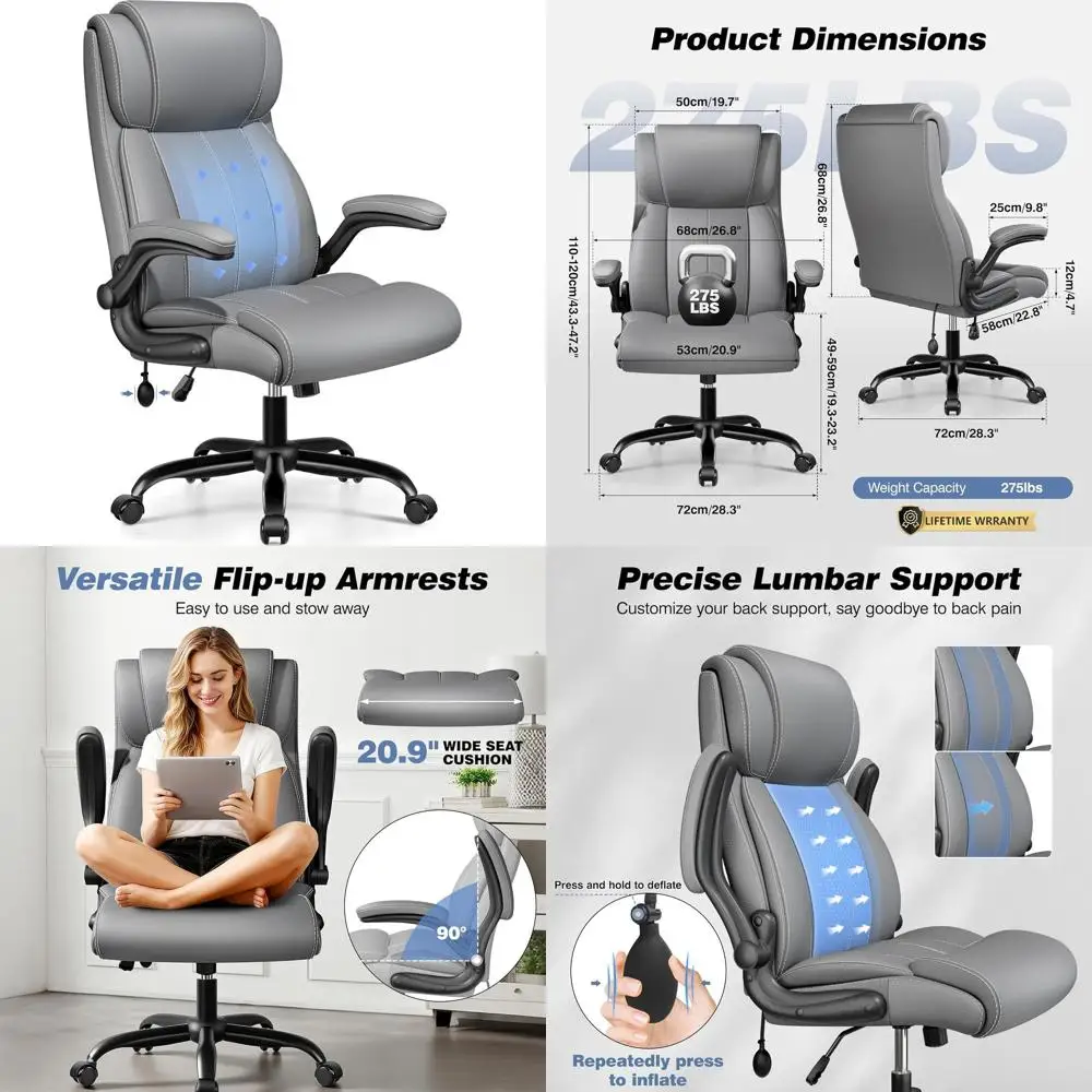 

Кожаное офисное кресло с высокой спинкой, регулируемой поясничной опорой и функцией поворота и наклона для взрослых, серое