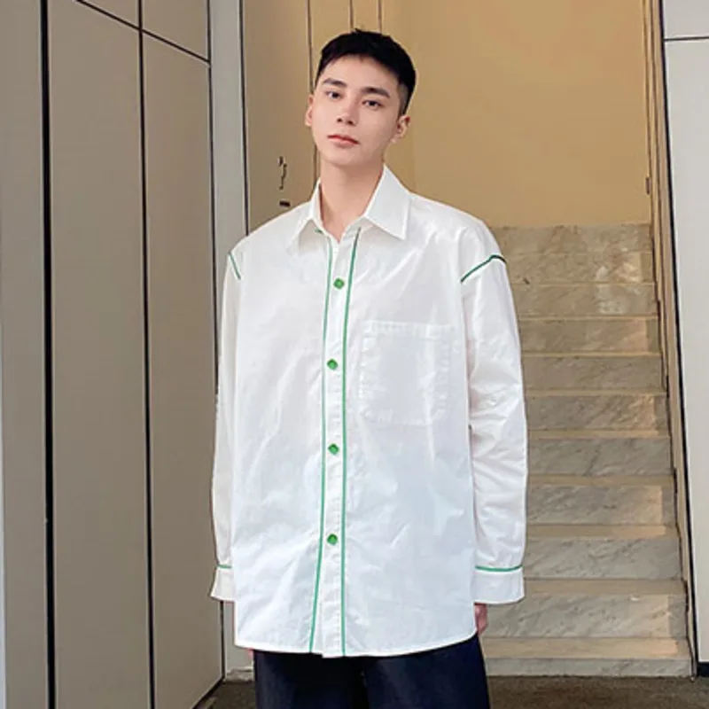 

WVGA Shirt Spring Autumn New Man Ribbon Color Block Trendy Design Turn-Down Collar Niche Chic Casual Long Sleeve Tops Ins W11798