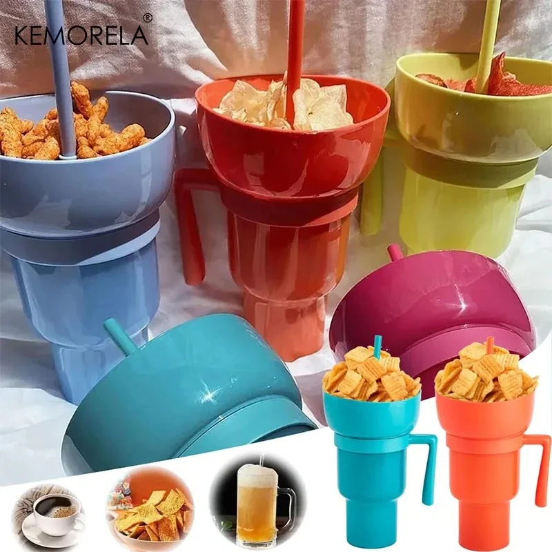 2 IN 1 Creative Popcorn Snack Cup Integrated Beverage Cup With Straw Handle Portable Beverage Cup Novel Design And Many Function